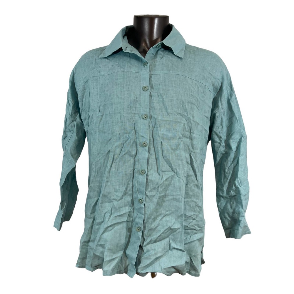 FLAX Linen Women's Top Button Up Oversized Lagenlook Tunic Blue Size Small